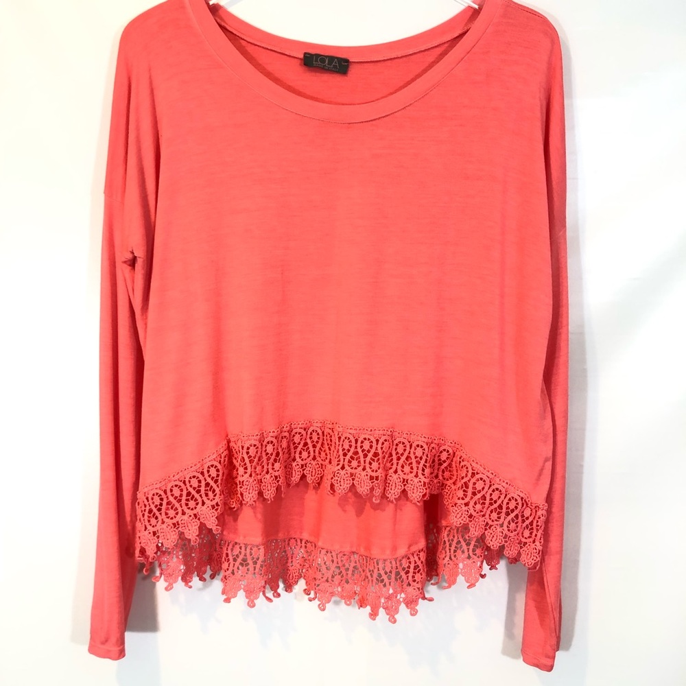 LOLA Boho Lace Trim Top Made In Italy Coral Women’s Size Large - XL